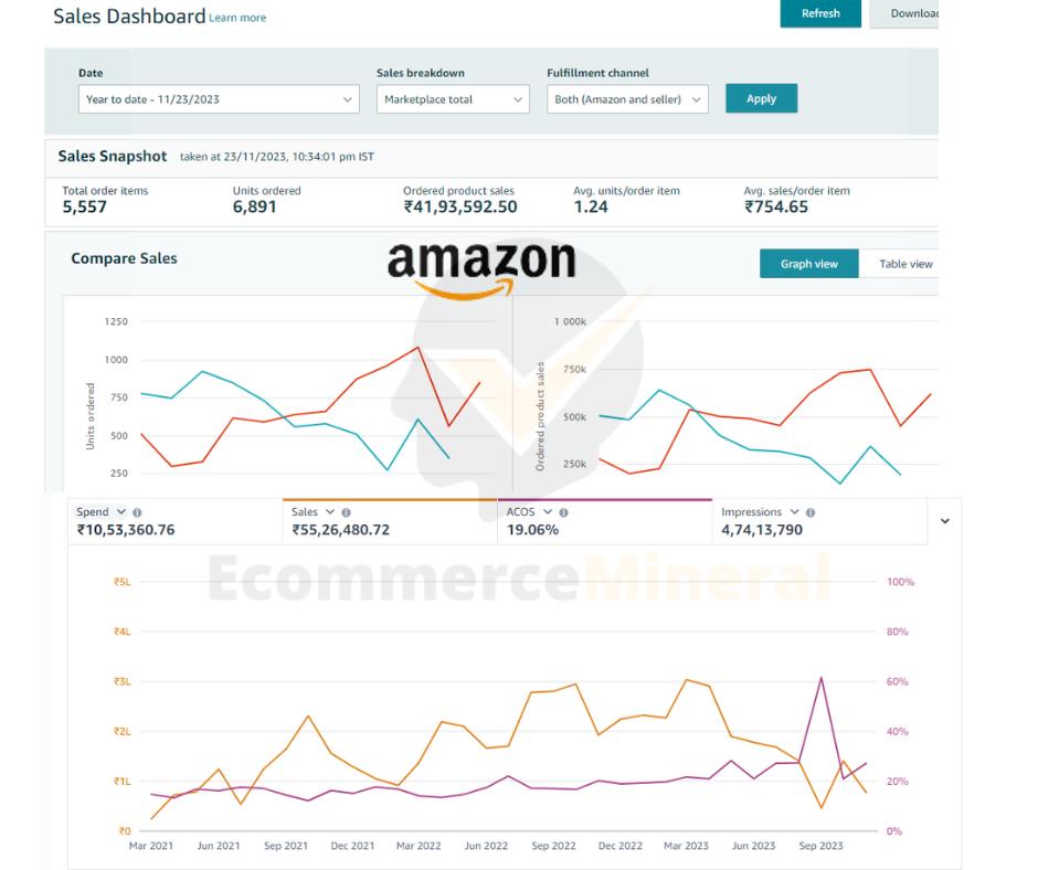 Amazon sale dashboard showing client account performance with revenue and order metrics