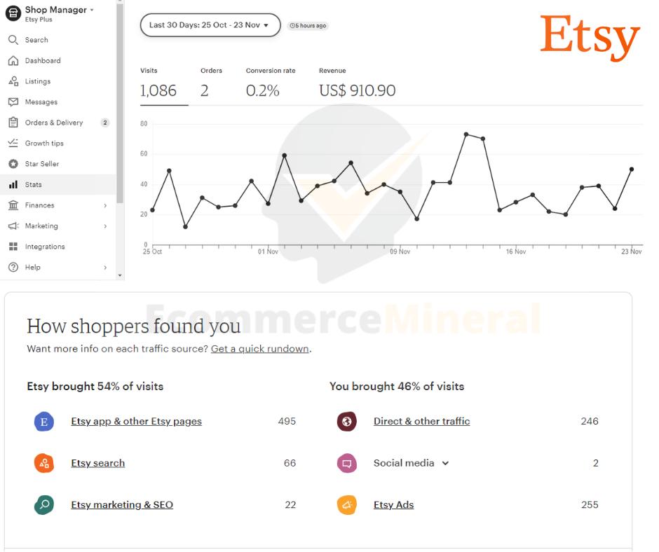 Etsy sales performance dashboard showing client account growth metrics
